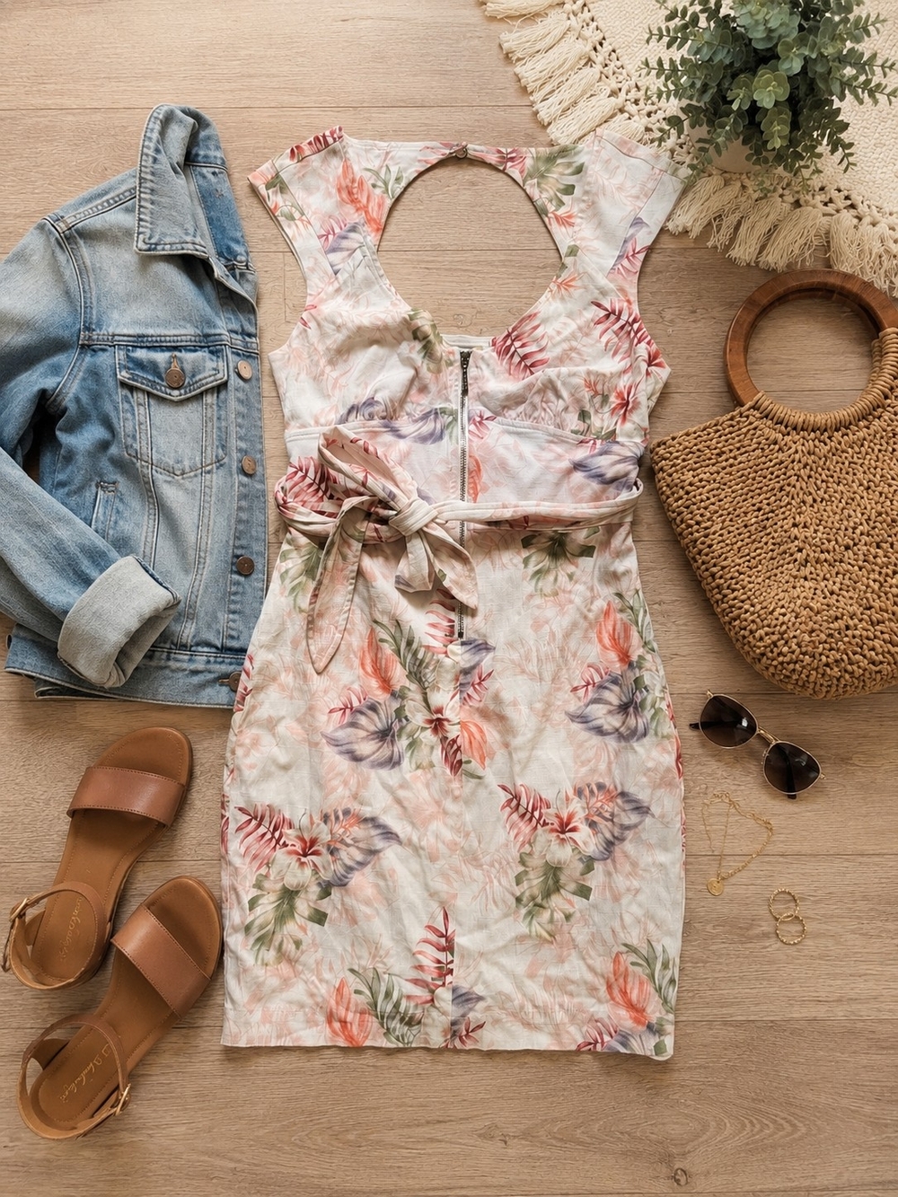 Guess Floral Tie-Waist Mini Dress - White with Coral, Green & Lavender Print